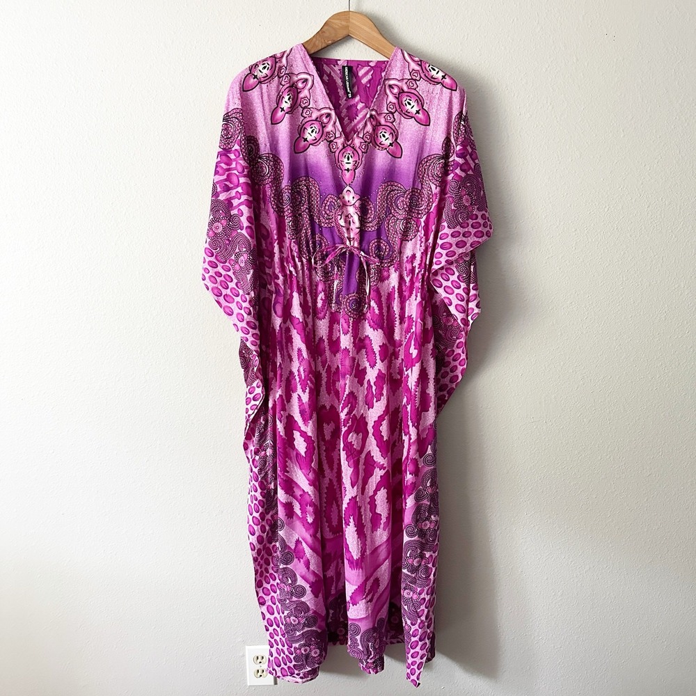 American Leisure Purple & Gold Glitter Animal‎ Print Flowing Kaftan Dress